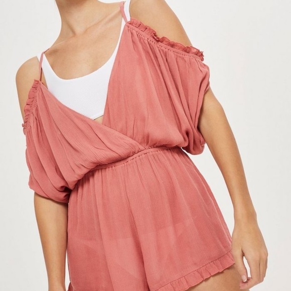 Topshop Romper Cold Shoulder Pink Coverup Ruffle - Picture 6 of 11